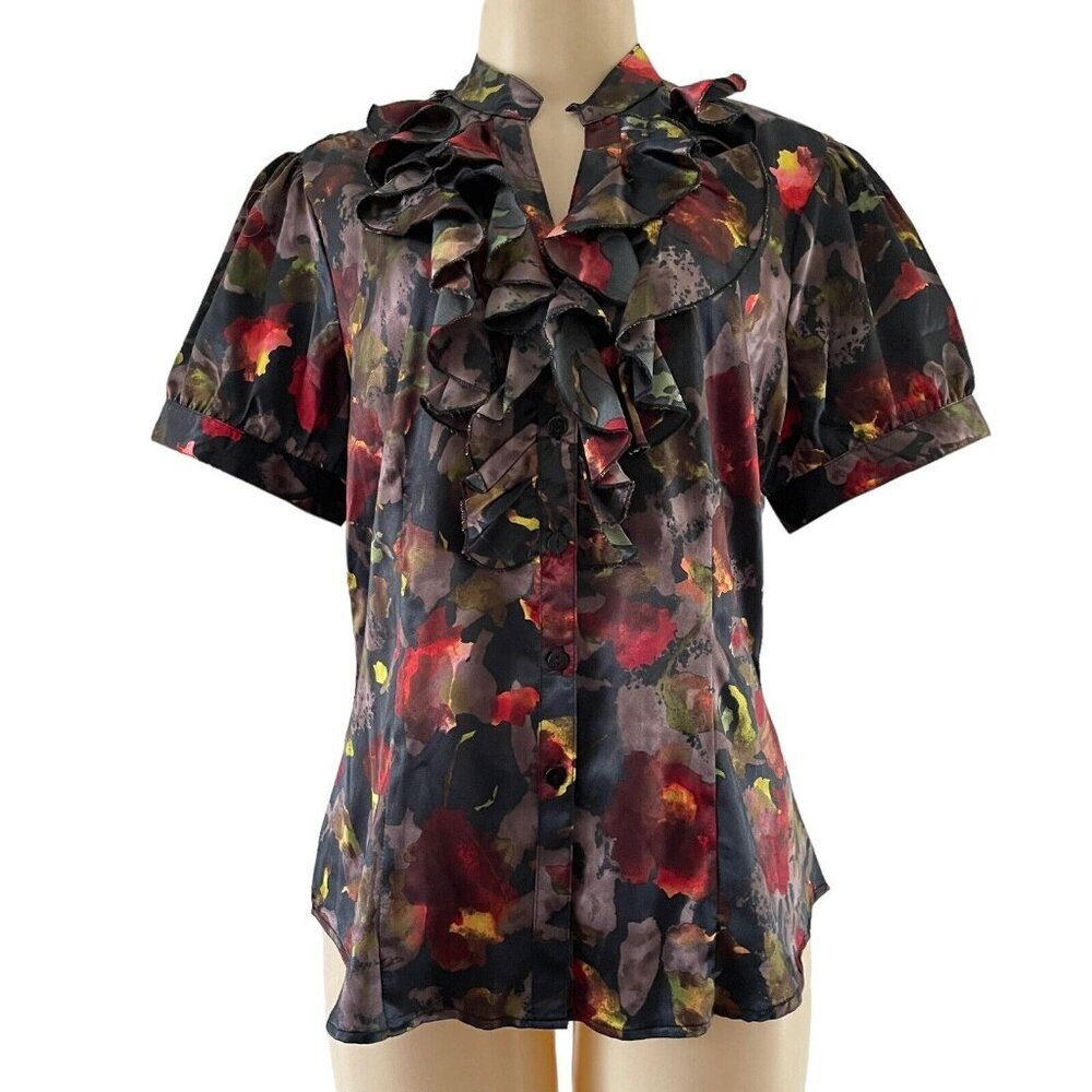 Harve Bernard Dark Autumn Floral Button Up Blouse Tiered Ruffle Grunge Fairycore